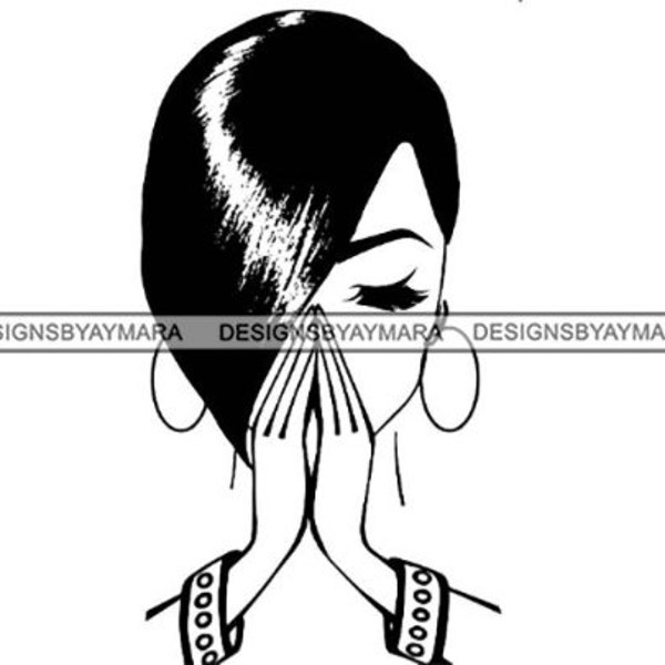 Woman Praying Prayers Hands Straight Hairstyle Melanin Nubian Lady Ebony SVG JPG PNG Vector Designs Clipart Silhouette Cricut Cut Cutting