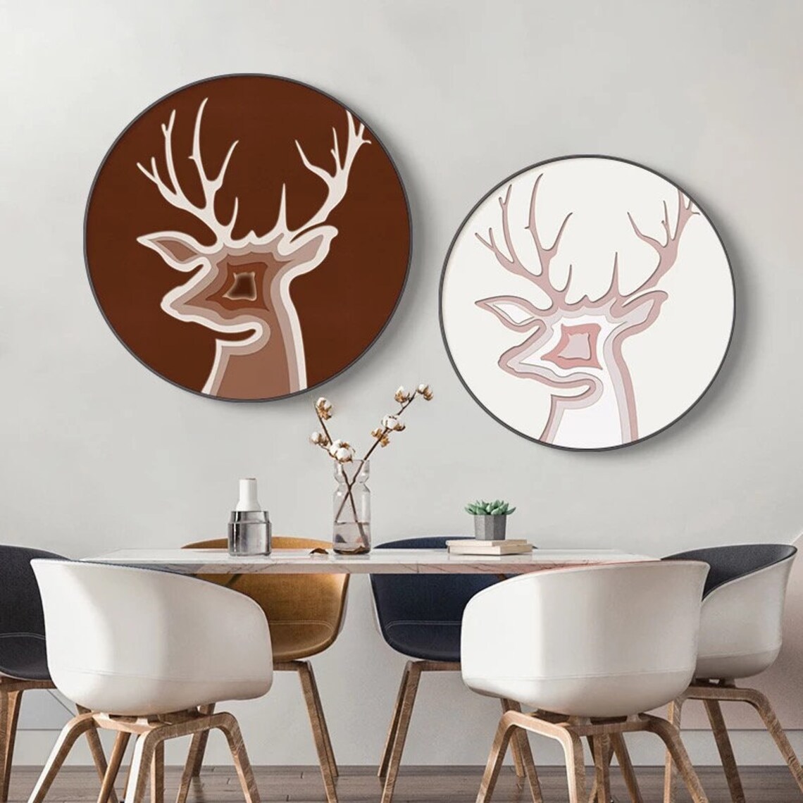 Modern Round Abstract Animal Deer Canvas Poster Print Circular | Etsy
