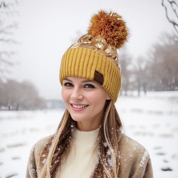 Women Girls Shiny Metallic Color Fleece Lined Knit Pom Pom Beanie Hat Puffer Quilted Hat Winter Hat Women Beanie Hat