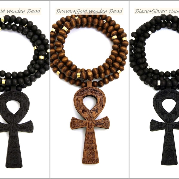 Egyptian Key of Life Ankh Pendant 8mm 36" Wooden Bead Necklace in Black, Brown Tone