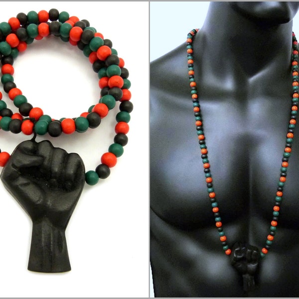 Black Power Rising Fist Pendant 8mm 24",27",30",36" Multi Color Wooden Bead Africa Necklace