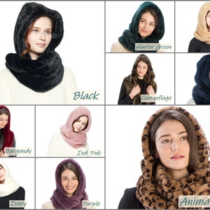 Women and Men Winter Thick Soft Faux Fur Infinity Hood Scarf Wrap Snood Hat Neck Warmer in Black, Burgundy, Ivory, Purple, Pink, Green, Navy