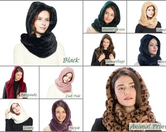 Women and Men Winter Thick Soft Faux Fur Infinity Hood Scarf Wrap Snood Hat Neck Warmer in Black, Burgundy, Ivory, Purple, Pink, Green, Navy