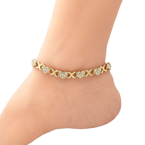 Women Girls Fashion 7 mm 10, 11, 12 inches Stone Filled XO Heart Chain Anklet Ankle Bracelet 14K Gold, Silver Plated