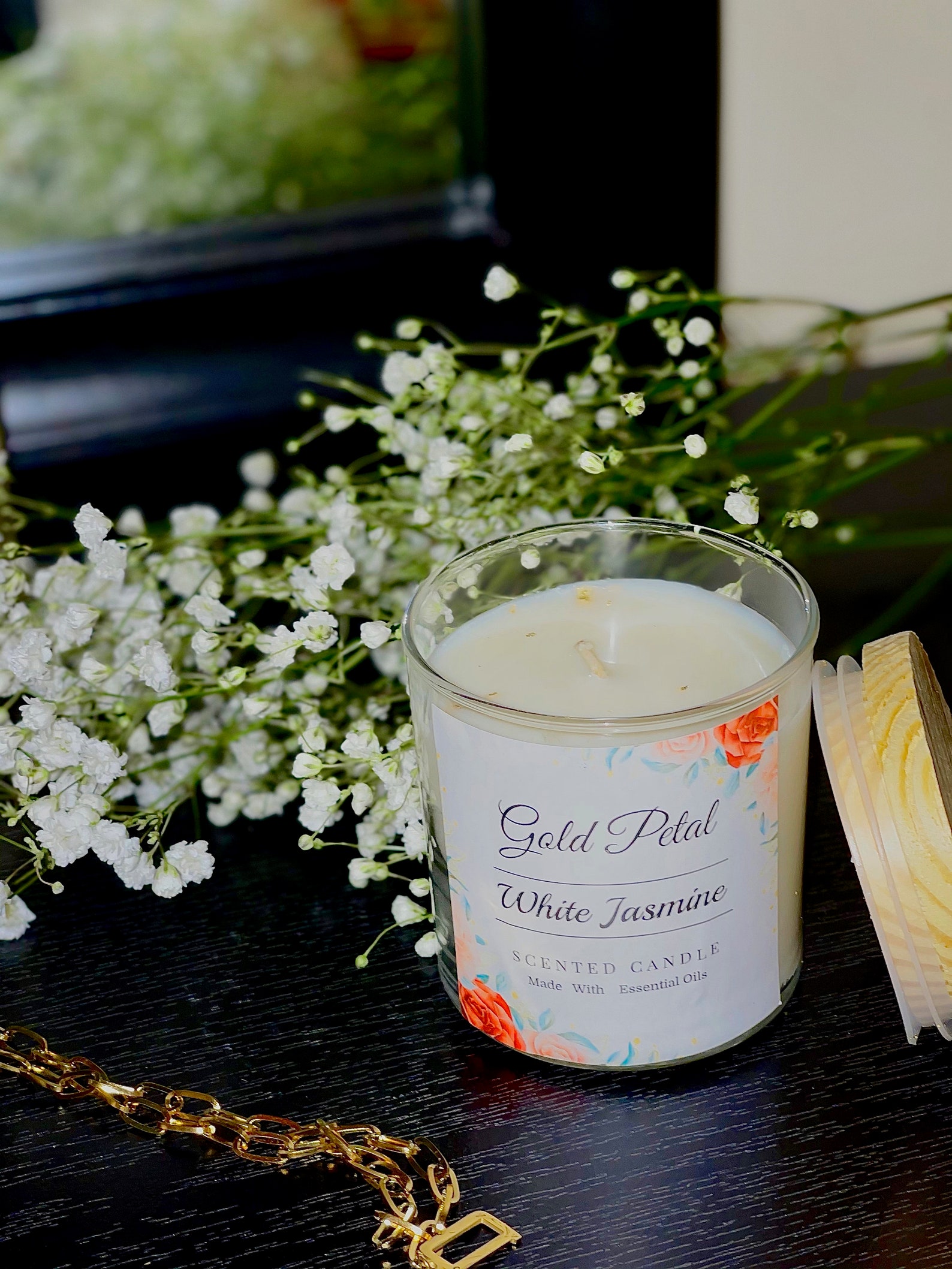 Gold Petal White Jasmine Soy Candle Handmade Essential Etsy