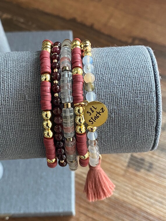 STONE BEAD BRACELET 4 MM W/GOLD BEADS MAROON STONE BEAD BRACELET 4 MM W/GOLD BEADS MAROON