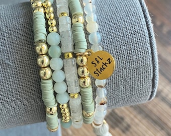 4mm GREEN STACK BRACELET | Custom heishi bead gold stone | Heishi beads | Stone beads | Bead & gold bracelet | Gift | Anniversary