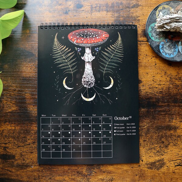 Magical Forest 2024 Lunar Calendar| Witchy Moon Phases Desk Planner | Herbology Plants Wall Calendar | Fairy Botanical Prints Calendar