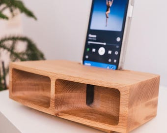 Soporte para iPhone, altavoz acústico, altavoz pasivo de madera, altavoz de teléfono de madera, soporte para teléfono inteligente, idea de regalo de oficina