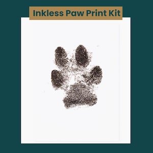 May include: An inkless paw print kit featuring a dark brown paw print on a white backdrop. The paw print is centrally positioned, displaying the details of the paw pads and claws. The text "Inkless Paw Print Kit" is at the top.