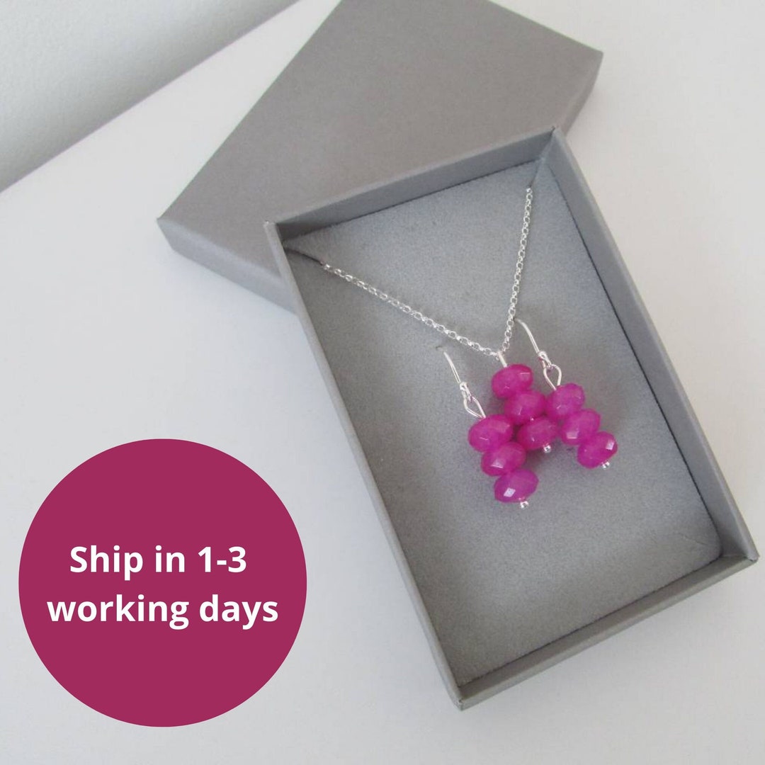 Pink Beaded Earrings and Necklace Set Jewellery Gift for Mum Hot Pink