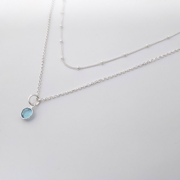 Aquamarine March Birthstone Necklace March Birthstone Charm Double Layered Necklace Sterling Silver Satellite Chain Gift for March Birthday