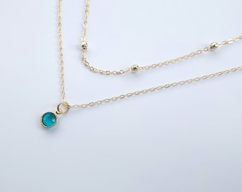 December Turquoise Birthstone Crystal Necklace, Gold Plated Double Necklace Set, 16 inch Satellite Chain, 18 inch Chain, December Birthday