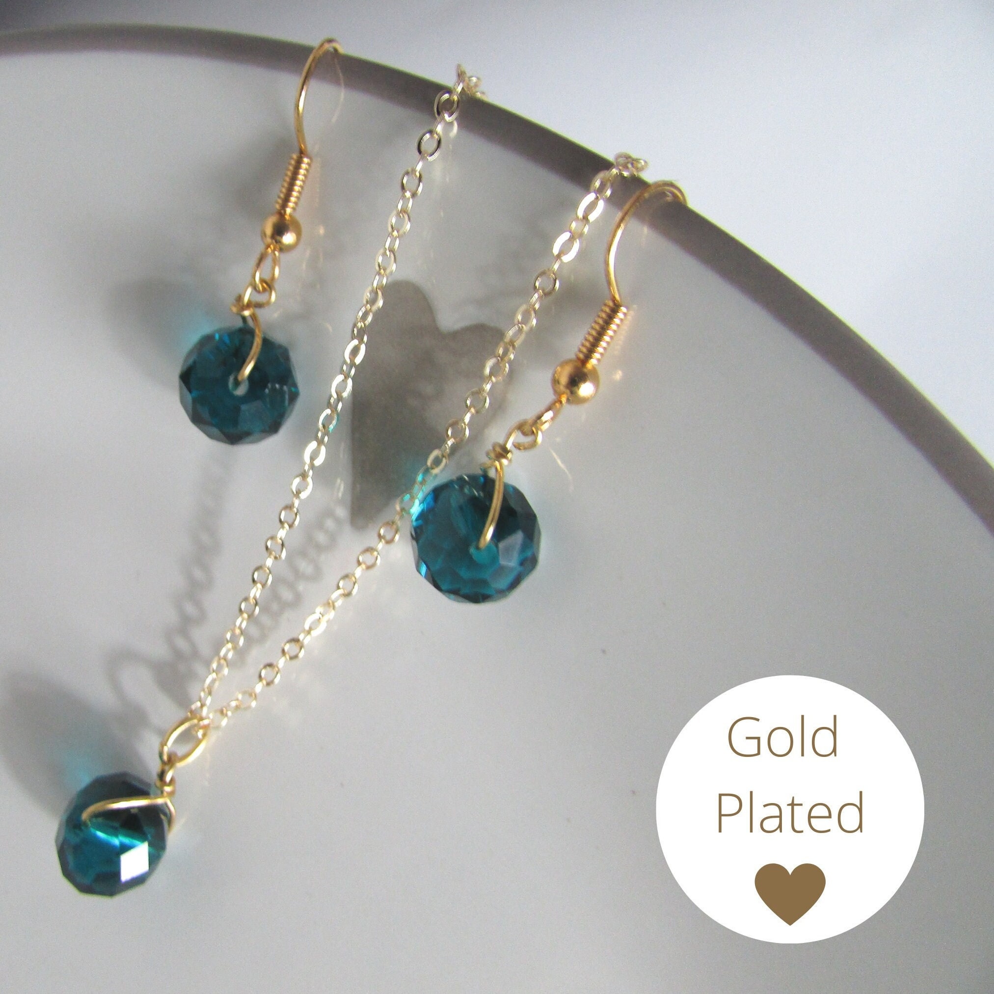 Teal Blue Crystal Bead Earrings and Necklace Set, Dangly Blue Earrings