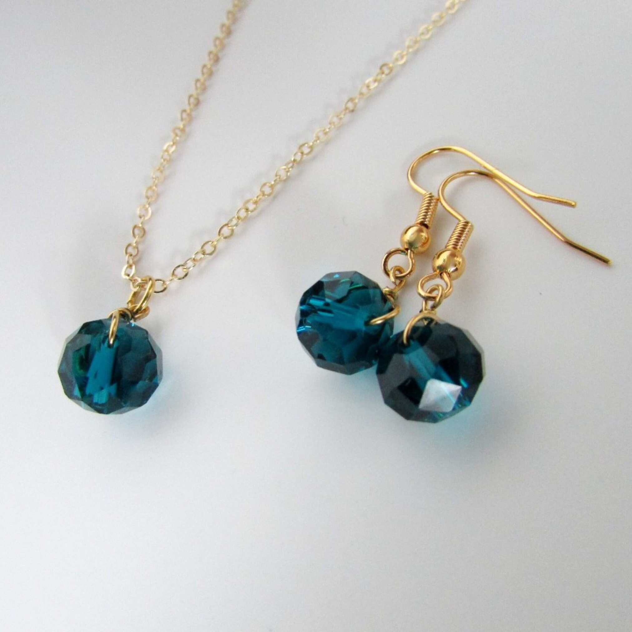 Teal Blue Crystal Bead Earrings and Necklace Set, Dangly Blue Earrings
