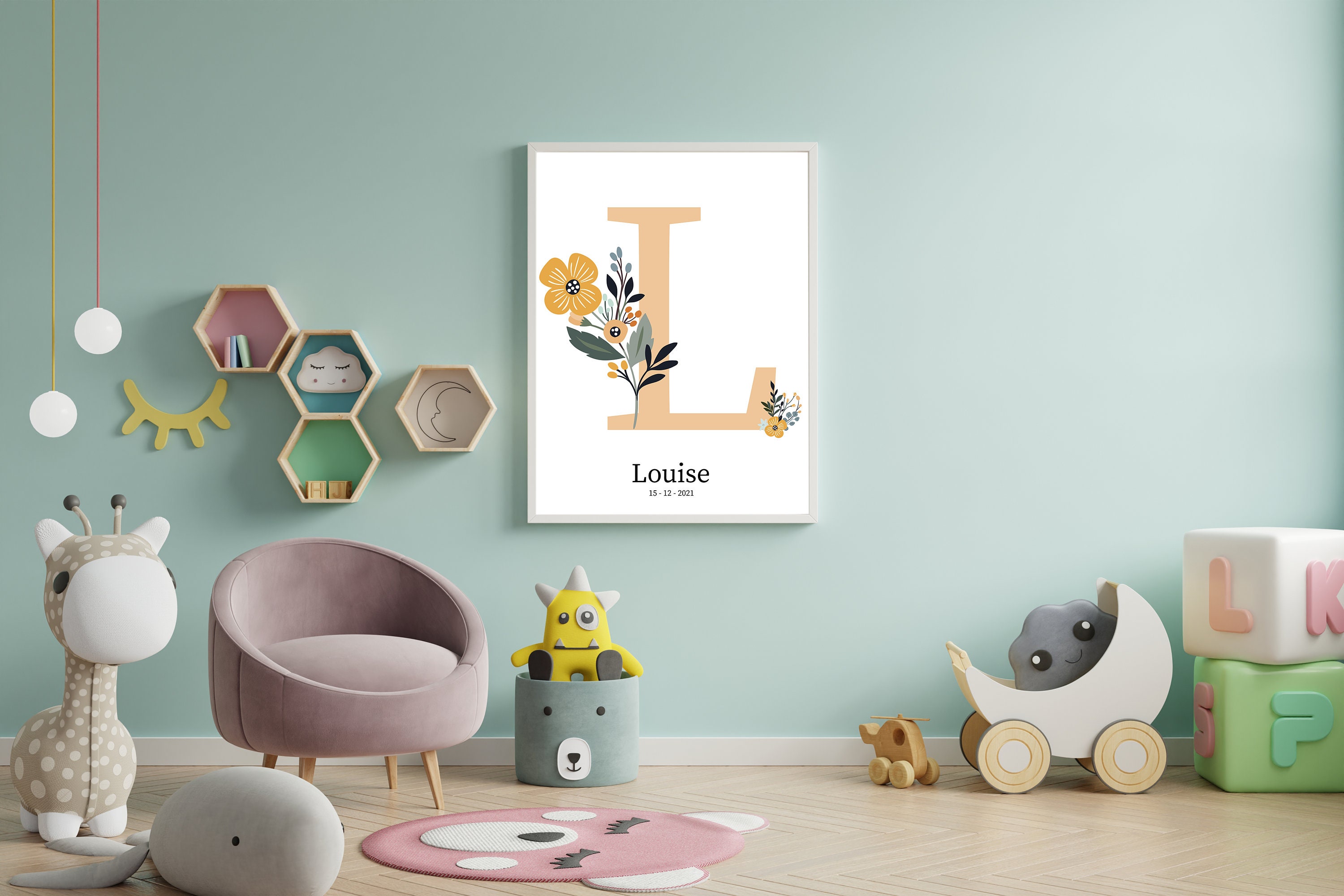 Affiche Naissance à Personnaliser - Lettre avec Fleurs