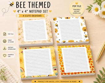 Bee Notepad Printable Bundle | 4x4” PDF Download | Cute Bee Notes Pages | Printable Memo Pad | Bee Stationery Set | Digital Download