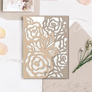 5x7 Butterfly and Roses Gate-fold Wedding Invitation laser cut Template with RSVP card,Birthday invitation, lace svg, wedding invitation svg