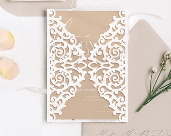 Royal Lace Wedding Invitation Template, Gate-fold with RSVP (SVG, Digital Download)