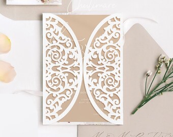 Plantilla de invitación de boda de encaje Arc Royal cortada a láser (descarga digital)