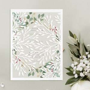5x7 Feuilles de pin hiver Gate-fold Wedding Invitation laser cut Template, Invitation d’anniversaire, invitation de mariage svg, Invitation de Noël