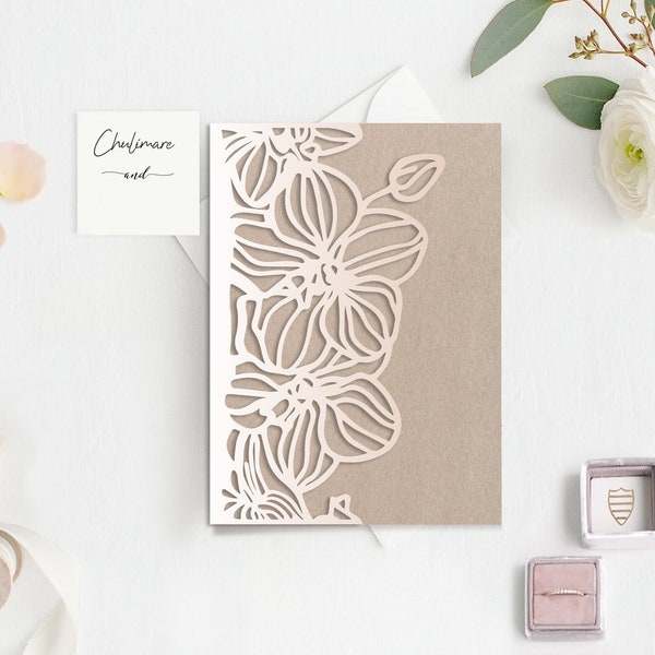 5x7 Grand Orchid Tri-Fold Cricut Modèle d’invitation de mariage, enveloppe de mariage découpée au laser Modèle de carte, Silhouette Cameo, Cricut ScanNcut