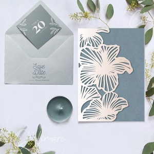 Modèle de faire-part de mariage Cricut 3 volets hibiscus 5 x 7, modèle de carte découpé au laser enveloppe de mariage, camée Silhouette, Cricut ScanNcut