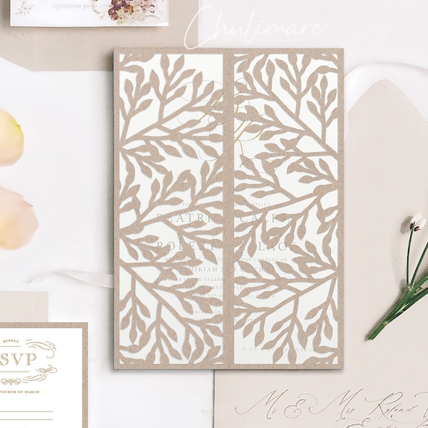 5x7 Pine leaves Frame Wedding Invitation laser cut Template with RSVP card, Birthday invitation, lace svg, wedding invitation svg