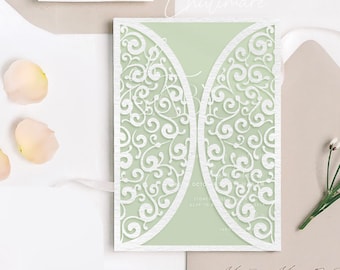 Spiral Lace Gate-fold Wedding Invitation Template with RSVP (Digital Download)