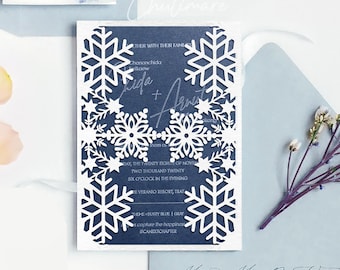 Plantilla de invitación de boda con copos de nieve cortados a láser (SVG, PDF)