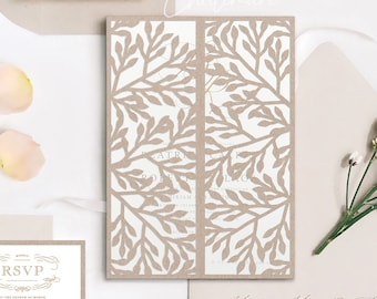 Plantilla de invitación de boda con hojas de pino cortadas a láser y RSVP (descarga digital)