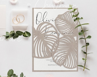 Tropical Leaves Laser Cut Wedding Invitation Template (SVG, PDF)