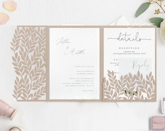 5x7 Royal Leaves Tri-Fold Cricut Wedding Invitation template, wedding envelope laser cut Card Template ,Silhouette Cameo,bCricut ScanNcut