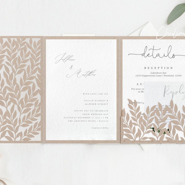 5x7 Royal Leaves Tri-Fold Cricut Wedding Invitation template, wedding envelope laser cut Card Template ,Silhouette Cameo,bCricut ScanNcut