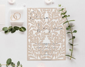 Plantilla de invitación de boda plegable con hojas de otoño, cortada a láser (SVG, DXF, PDF)