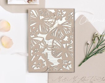Butterfly Flowers Laser Cut Wedding Invitation Template, Gate-fold with RSVP (Digital Download)