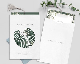 Tropical Leaf Wedding Invitation Template, Laser Cut Pocket Card (SVG EPS DXF)