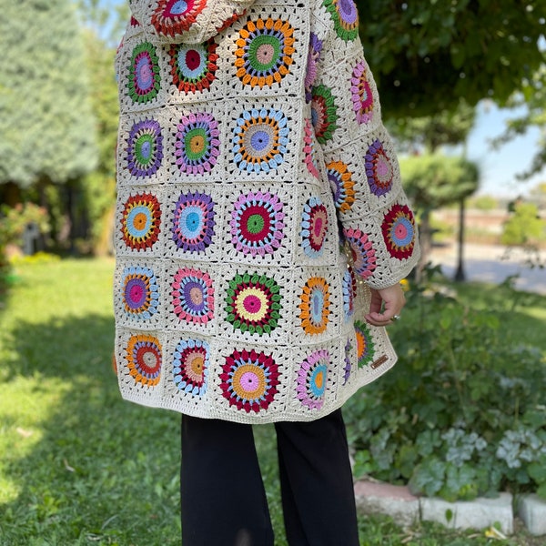 Knit cardigan,Afghan Cardigan, Granny Square Afghan Coat, Boho Crochet, Granny Square Cardigan, Afghan Crochet Coat, Oversized Wool Sweater