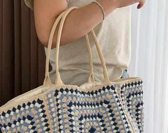 Crochet Granny Square Tote Bag: Handmade Cotton Lined Shoulder Bag