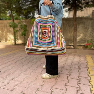 XXlarge かぎ針編みバッグ - ラゲッジバッグ - ポケット付きコットン裏地付き大型バッグ - おばあちゃんバッグ