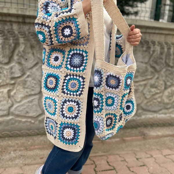 Granny square cardigan ,Afghani Cardigan,Knit Jacket,Granny Squares Cardigan,Knit Coat,Blue Cardigan,Crochet Oversize Coat,Boho Style