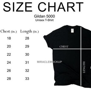Op de afbeelding: Maattabel voor een Gildan 5000 unisex t-shirt. De tabel toont de borst- en lengtemaat in inches voor de maten S, M, L, XL, 2XL en 3XL.