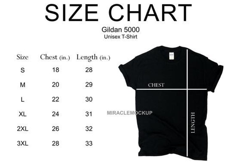 Op de afbeelding: Maattabel voor een Gildan 5000 unisex t-shirt. De tabel toont de borst- en lengtemaat in inches voor de maten S, M, L, XL, 2XL en 3XL.