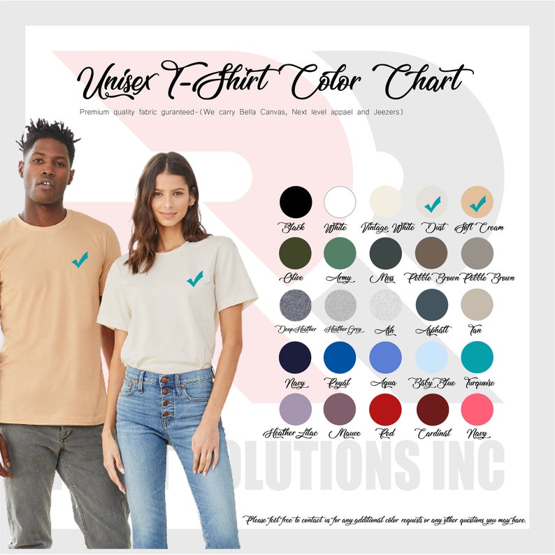 Op de afbeelding: Unisex T-shirt kleurenkaart met een verscheidenheid aan kleuren, waaronder zwart, wit, olijf, leger, marine, rood en meer. De kaart toont een man en een vrouw die T-shirts in verschillende kleuren dragen. Premium kwaliteit stof gegarandeerd. We verkopen Bella Canvas, Next level apparel en Jeezers.