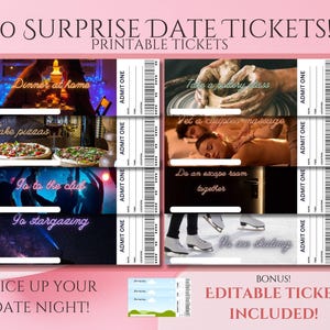 ¡NUEVO! ¡50 entradas para FECHA SORPRESA! Boletos imprimibles perfectos para citas nocturnas y parejas. Boleto editable incluido.