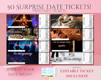 NEW! 50 SURPRISE DATE tickets! Printable tickets perfect for date night and couples. Editable ticket included.