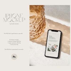 May include: A mockup of an iPhone on a white surface with a textured brown vase in the background. The phone screen displays the text "We're offering a new service".