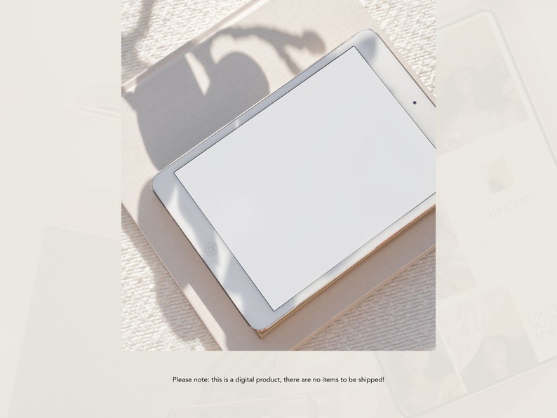 May include: A white tablet computer with a blank screen is lying on a beige surface. The tablet is surrounded by shadows from the sun.