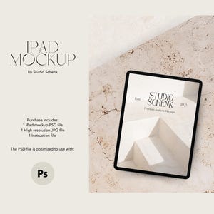 May include: A digital tablet mockup with a white background and the text "Studio Schenk" in black. The tablet is on a beige textured surface. The text "Edit 2023 Premium Aesthetic Mockups" is also visible on the tablet.