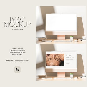 May include: A mockup of an iMac computer on a desk with a plant and a cup. The screen displays a website for Moore Beauty Co. with a photo of a woman's face. The text "Summer 22" is in the upper right corner of the image.
